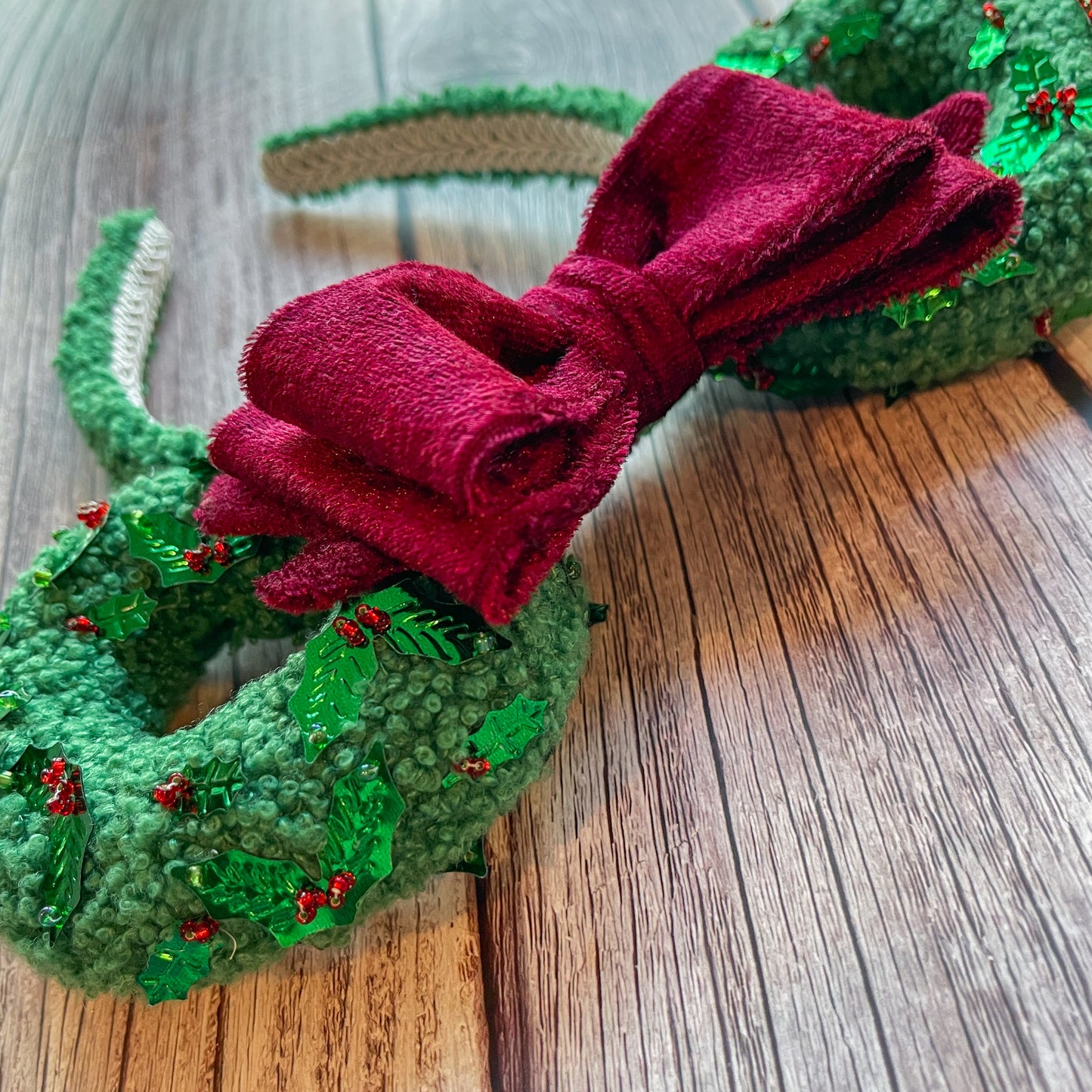 Hand Beaded Holiday Wreath Mouse Ear Headband