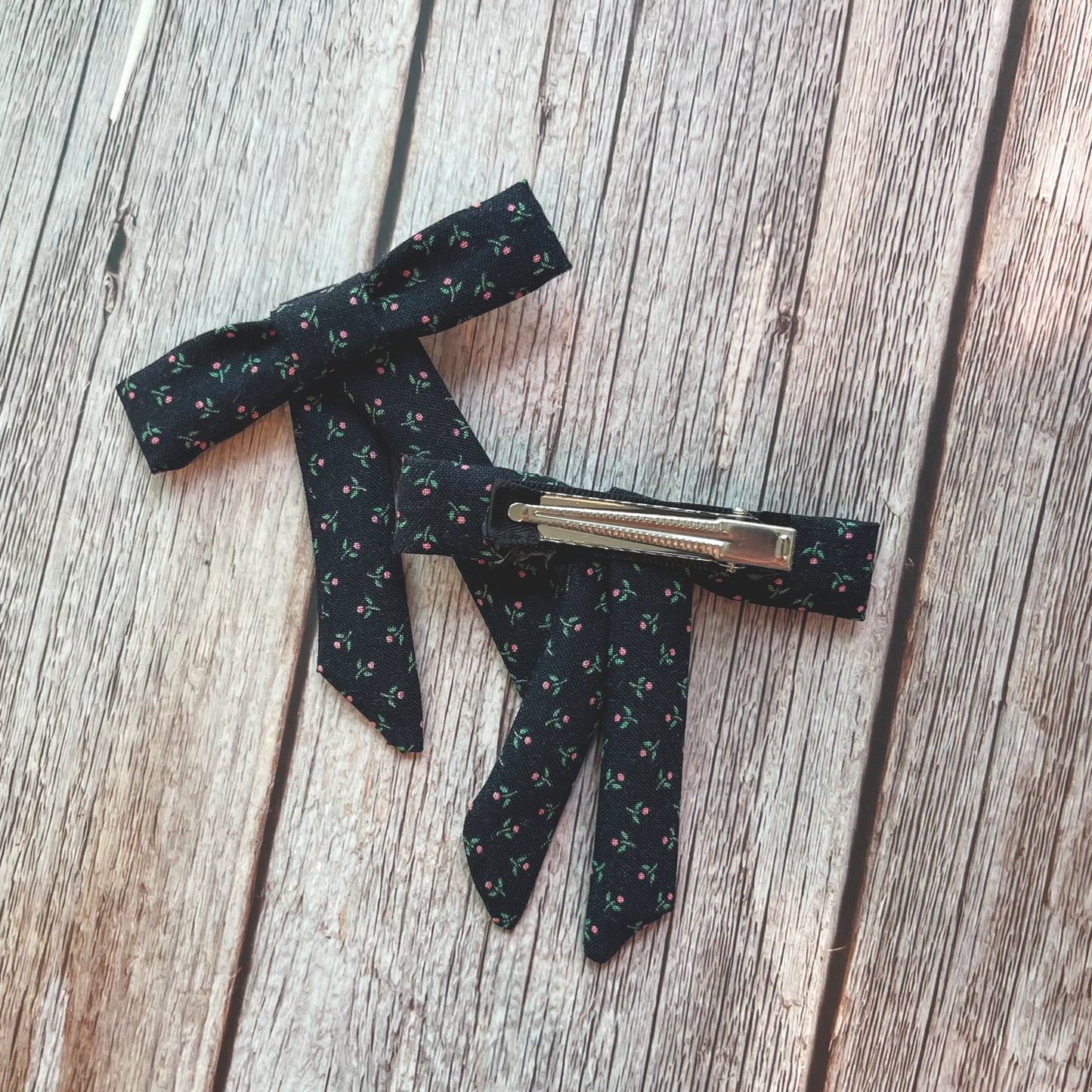 Black with Tiny Tulips Vintage Fabric Handmade Hair Bows