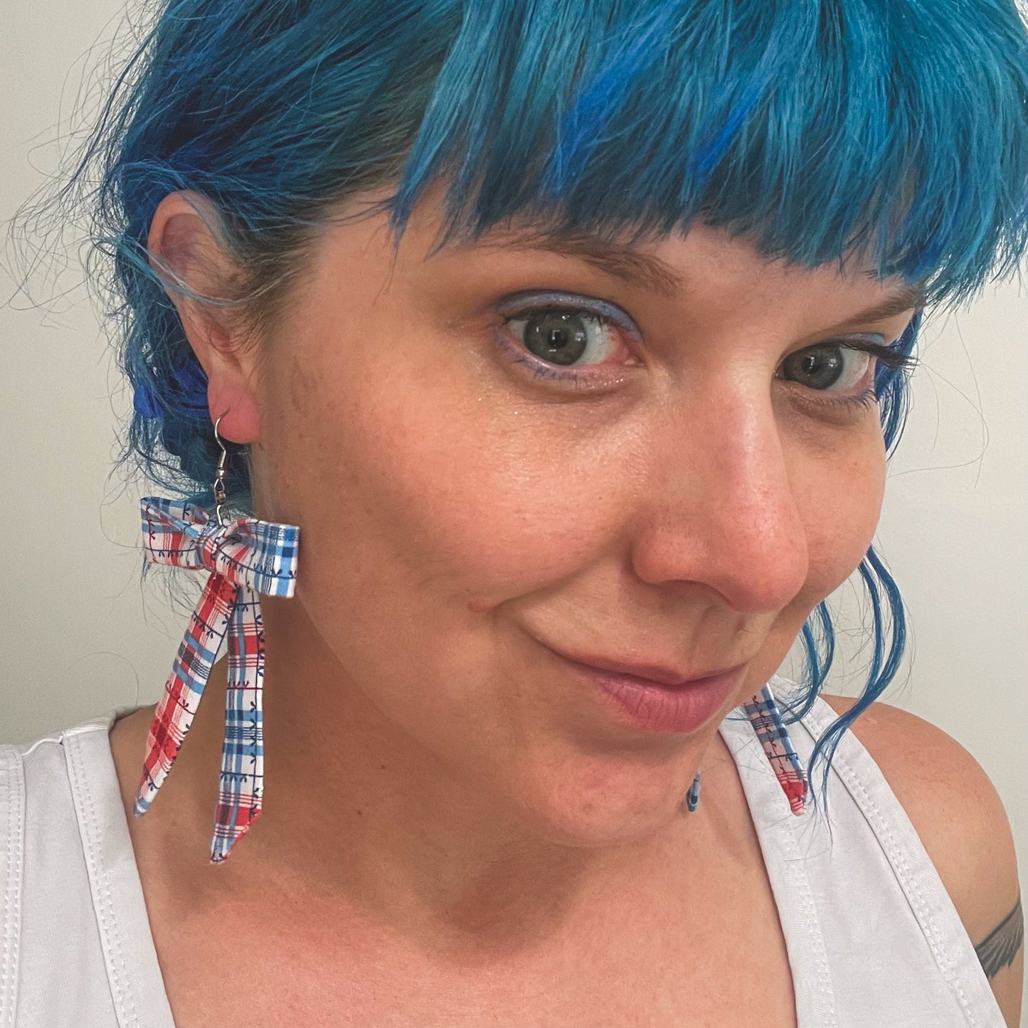 Red & Blue Plaid Vintage Fabric Bow Earrings
