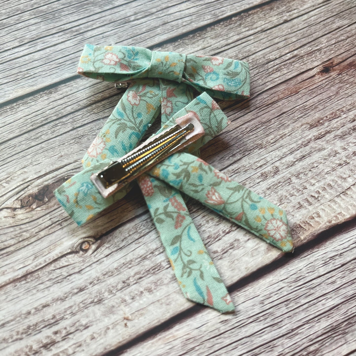 Light Teal Floral Vintage Fabric Handmade Hair Bows