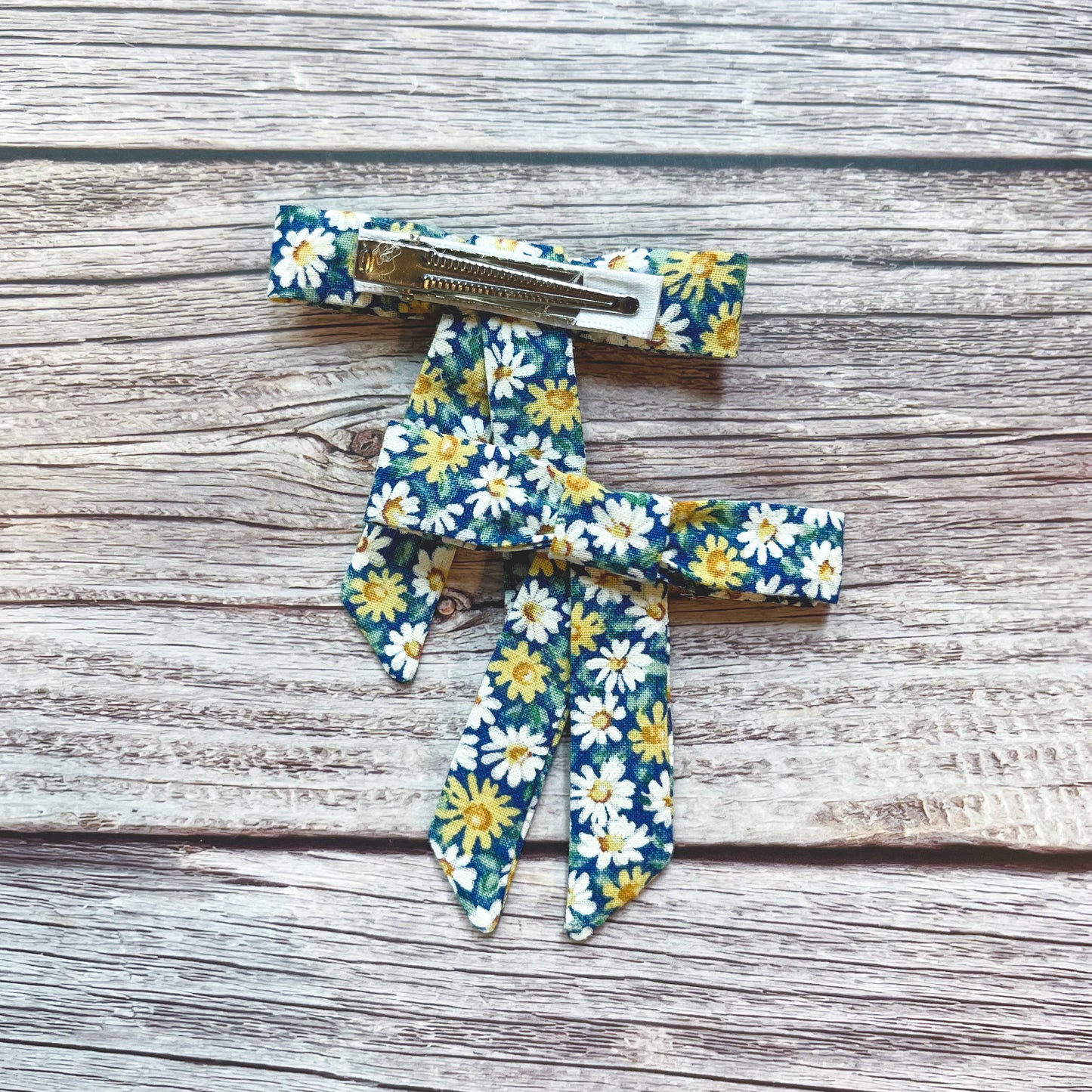 White and Yellow Daisies on Blue Vintage Fabric Handmade Hair Bows