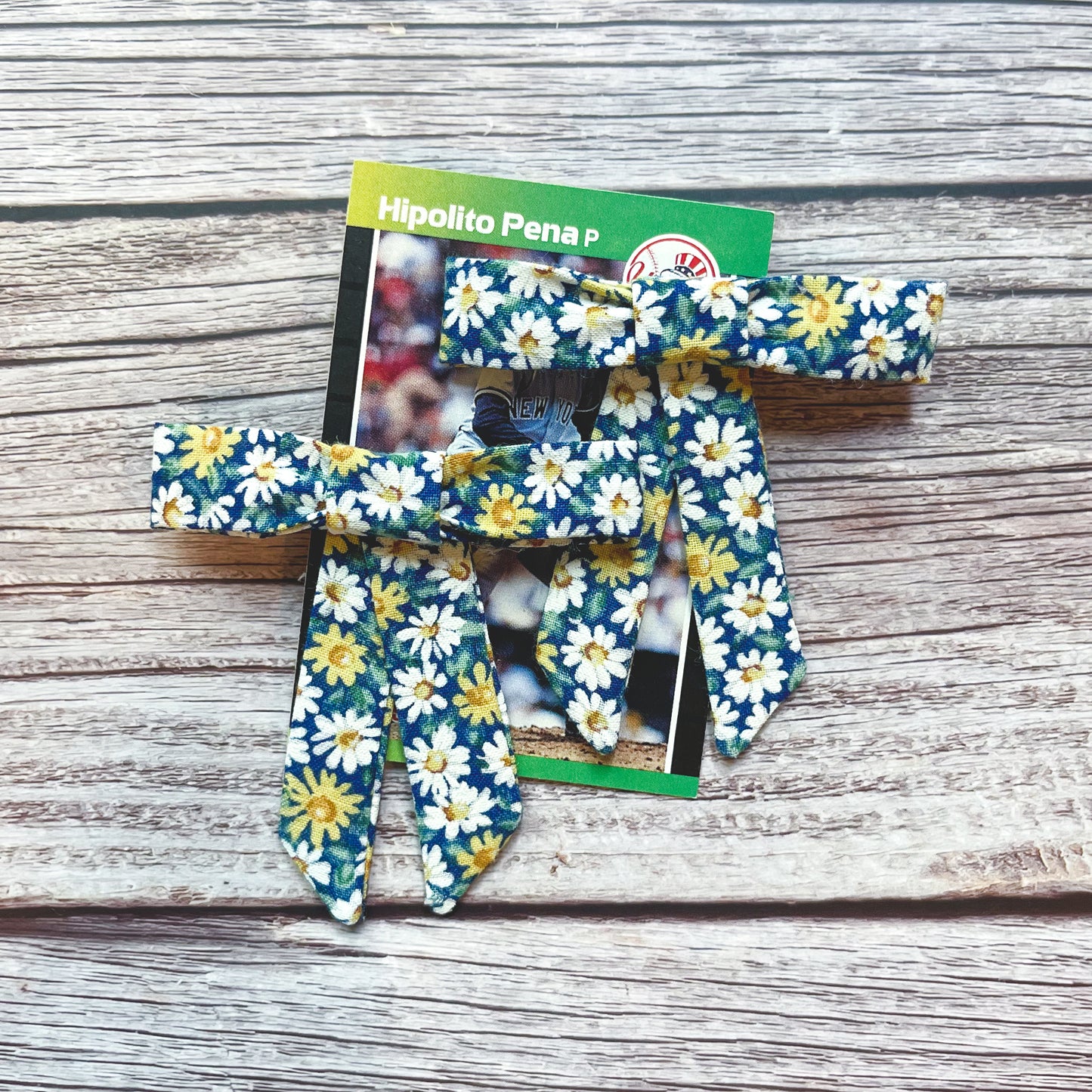 White and Yellow Daisies on Blue Vintage Fabric Handmade Hair Bows