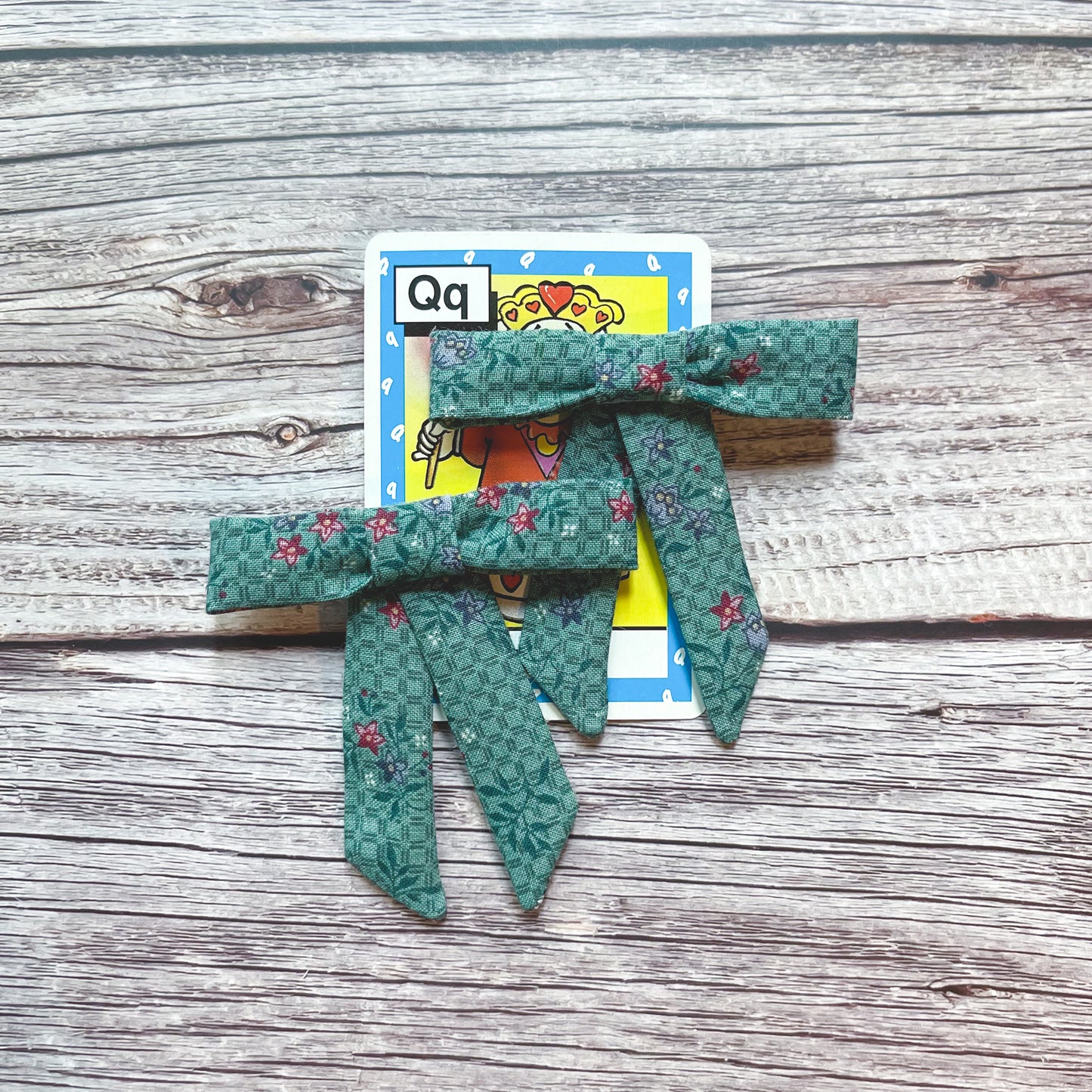 Teal Floral Squares Vintage Fabric Handmade Hair Bows