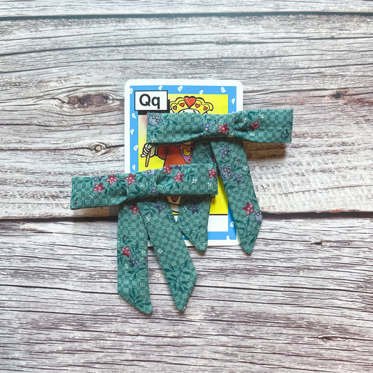 Teal Floral Squares Vintage Fabric Handmade Hair Bows