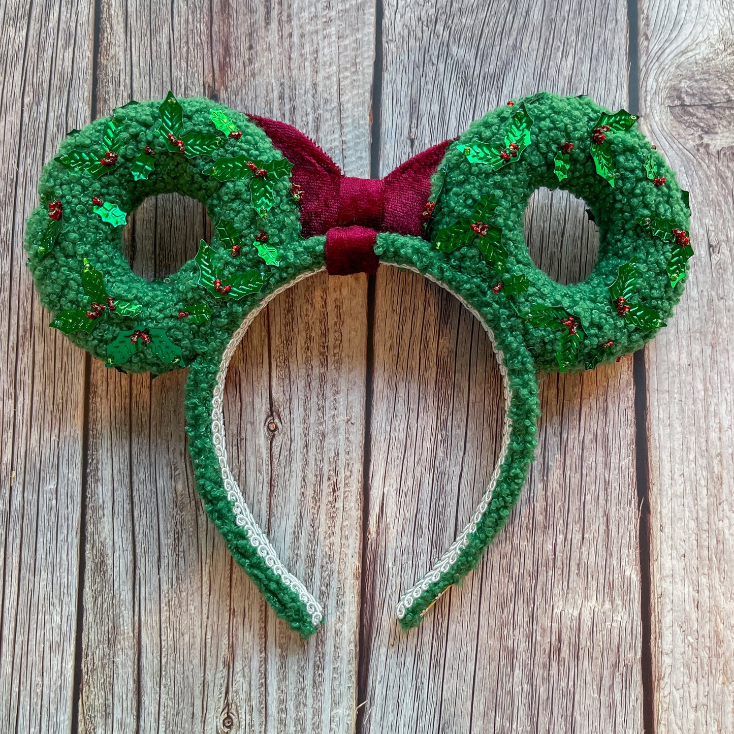 Hand Beaded Holiday Wreath Mouse Ear Headband