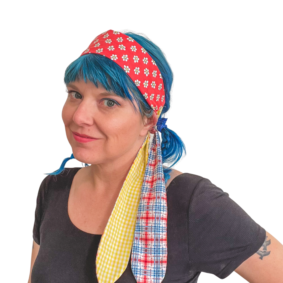Retro Scarf - Red & White Daisy with Plaid & Gingham