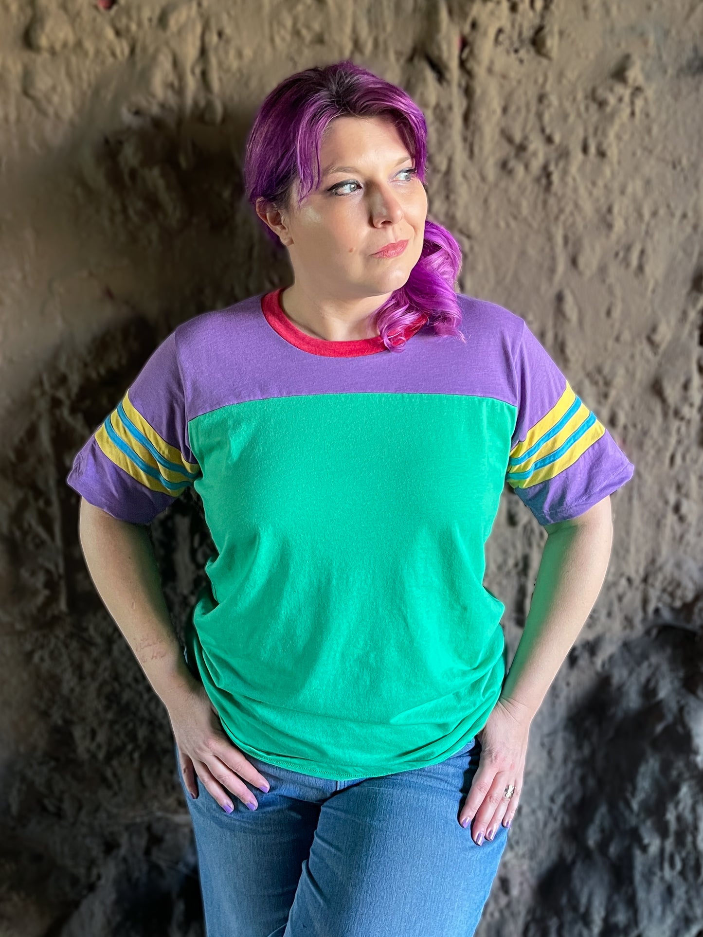 Colorblocked Ariel tee shirt. Purple green yellow blue varsity vintage style disneybound