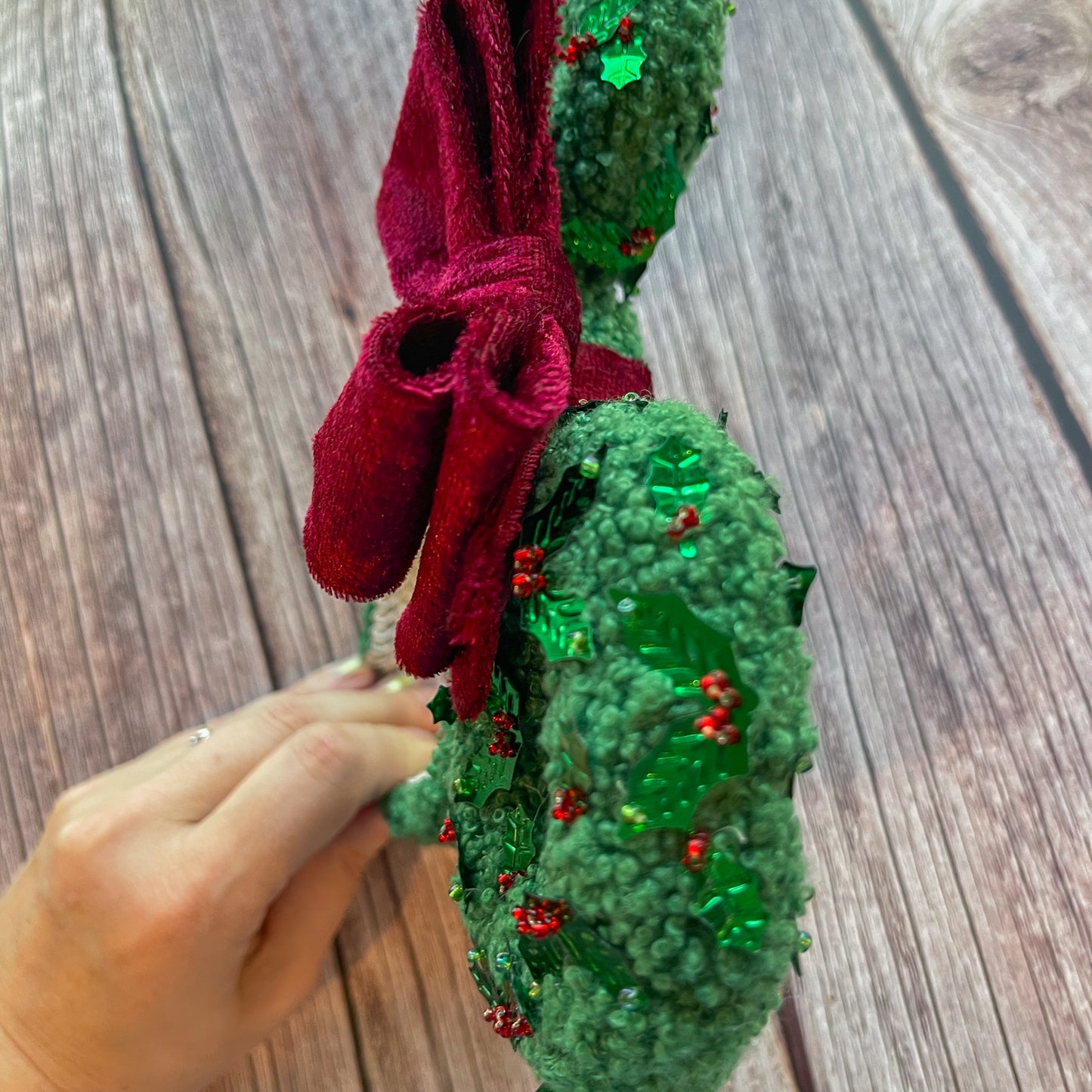 Hand Beaded Holiday Wreath Mouse Ear Headband