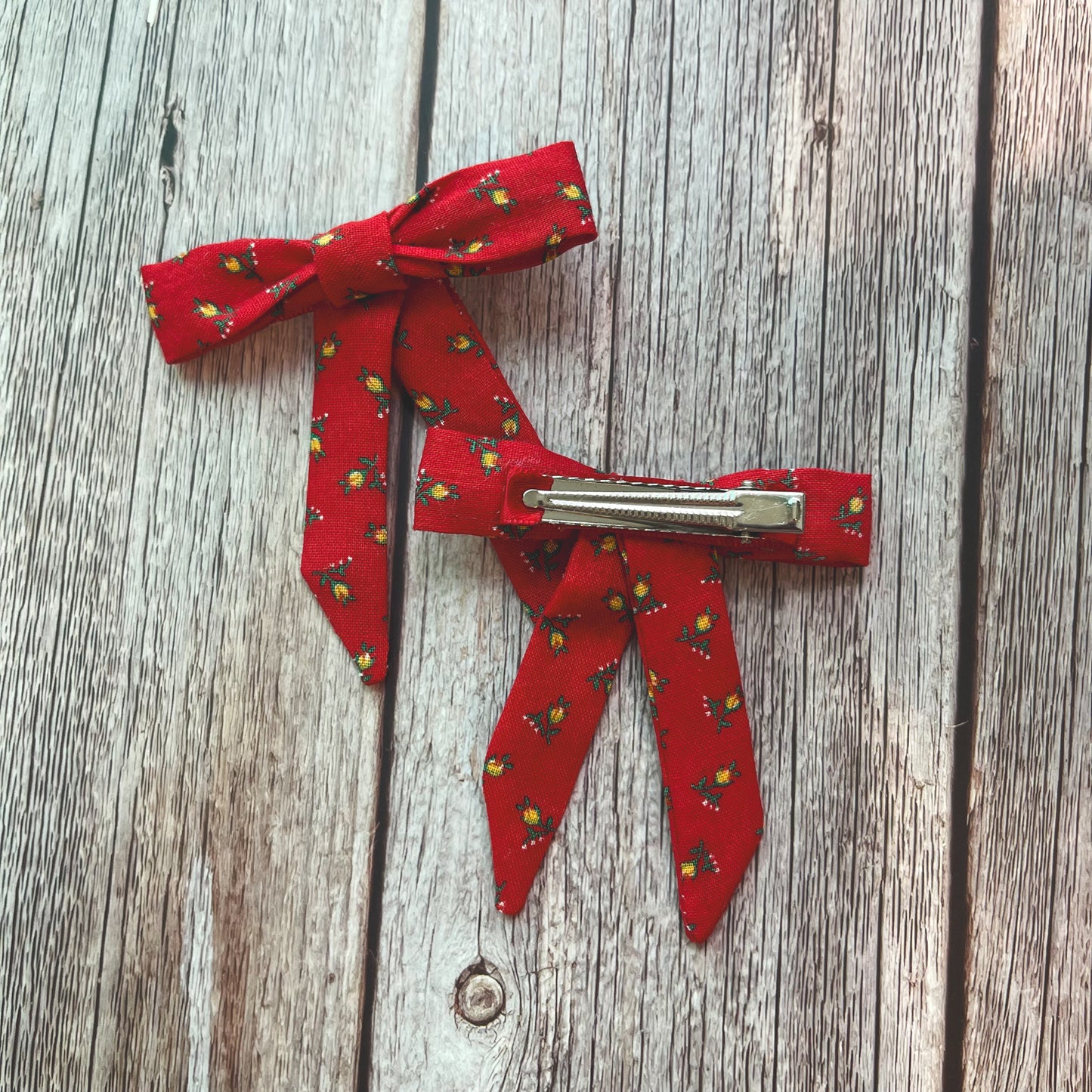 Red with Yellow Tulips Vintage Fabric Handmade Hair Bows