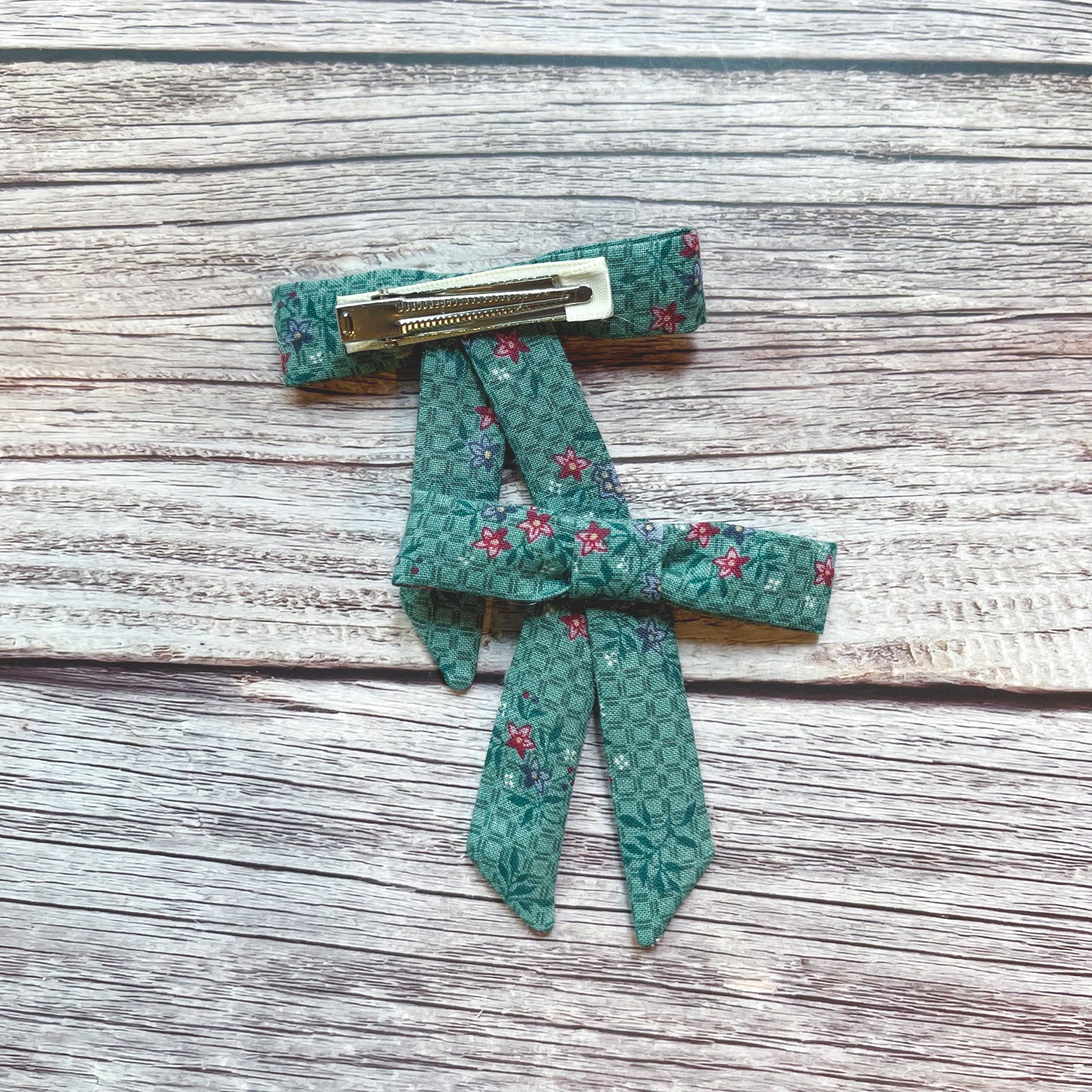Teal Floral Squares Vintage Fabric Handmade Hair Bows