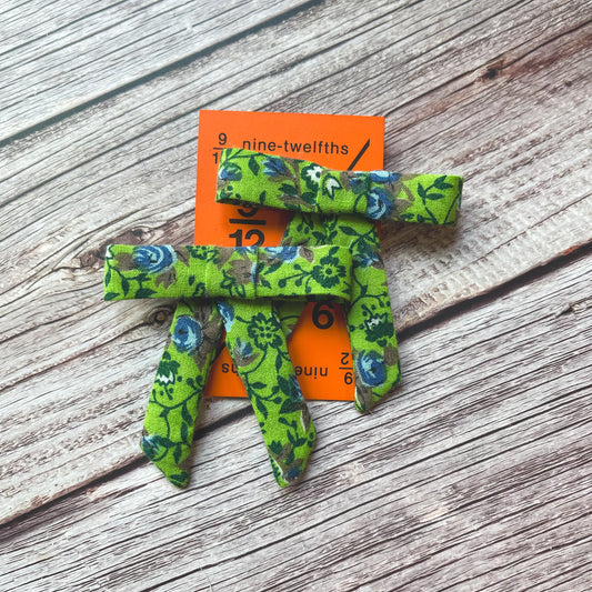 Bright Green and Blue Floral Vintage Fabric Handmade Hair Bows