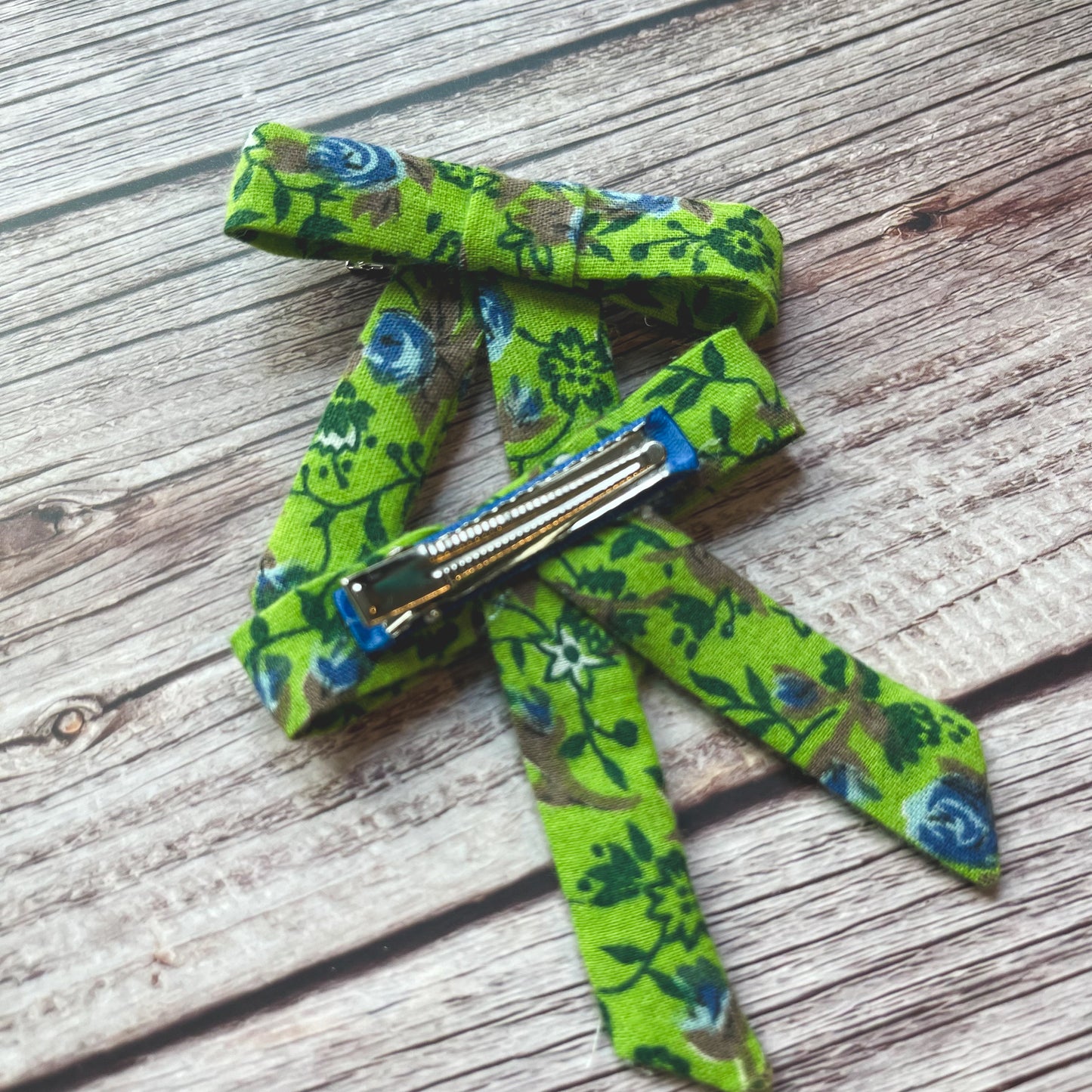 Bright Green and Blue Floral Vintage Fabric Handmade Hair Bows