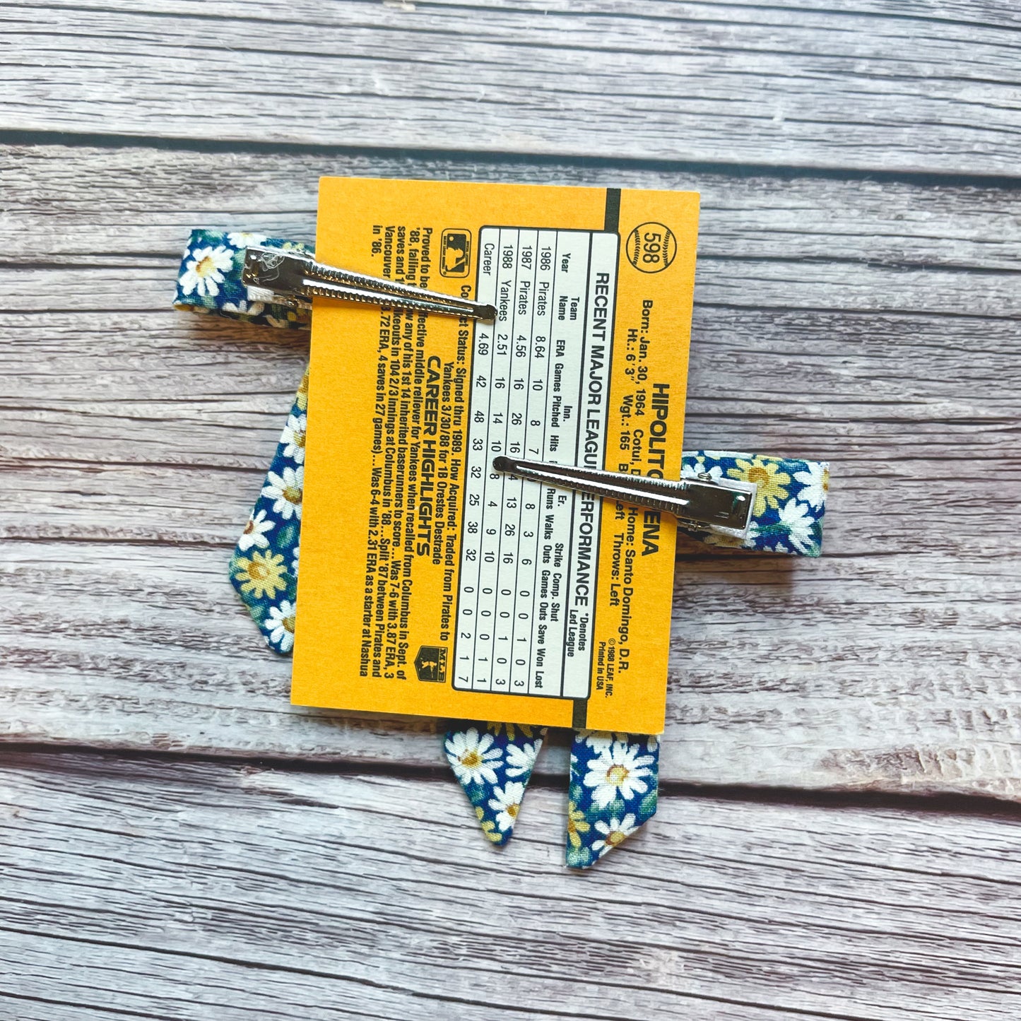 White and Yellow Daisies on Blue Vintage Fabric Handmade Hair Bows