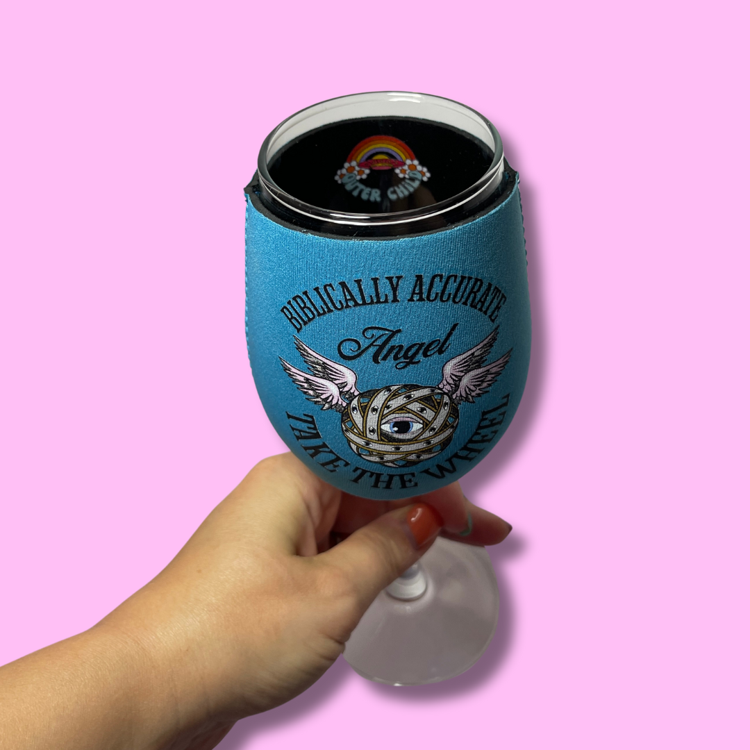 Biblically Accurate Angel Take the Wheel Wine Glass Sleeve