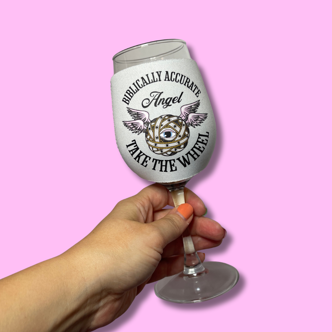 Biblically Accurate Angel Take the Wheel Wine Glass Sleeve