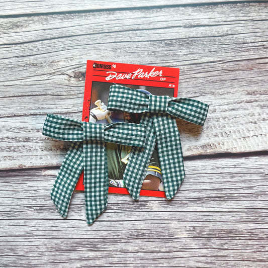 Green Gingham Check Vintage Fabric Handmade Hair Bows
