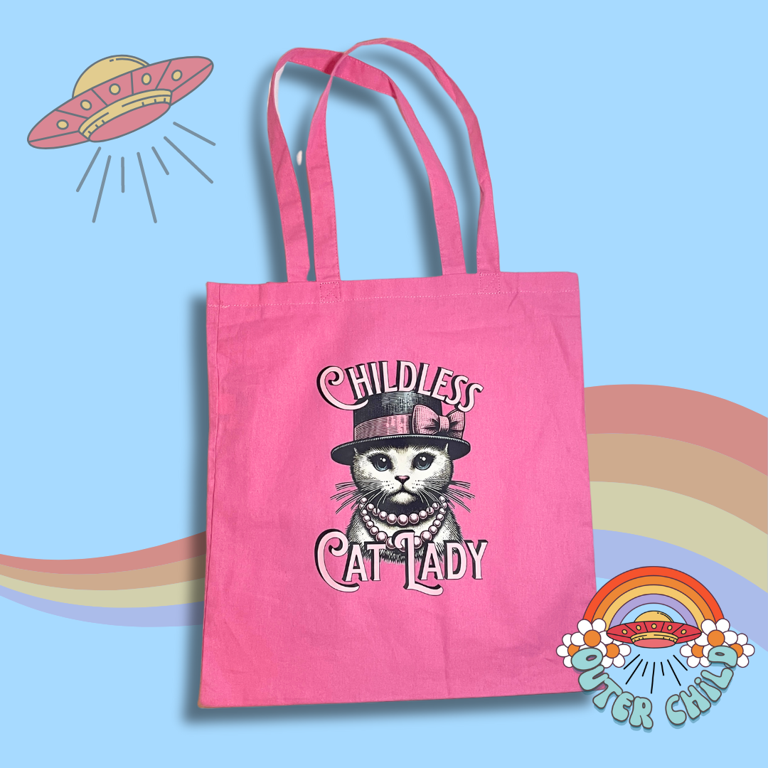 Childless Cat Lady Cotton Tote Bag in Pink