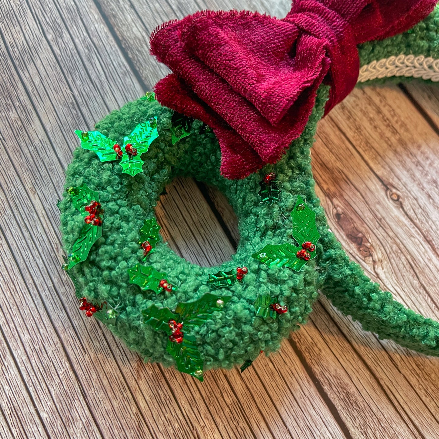 Hand Beaded Holiday Wreath Mouse Ear Headband