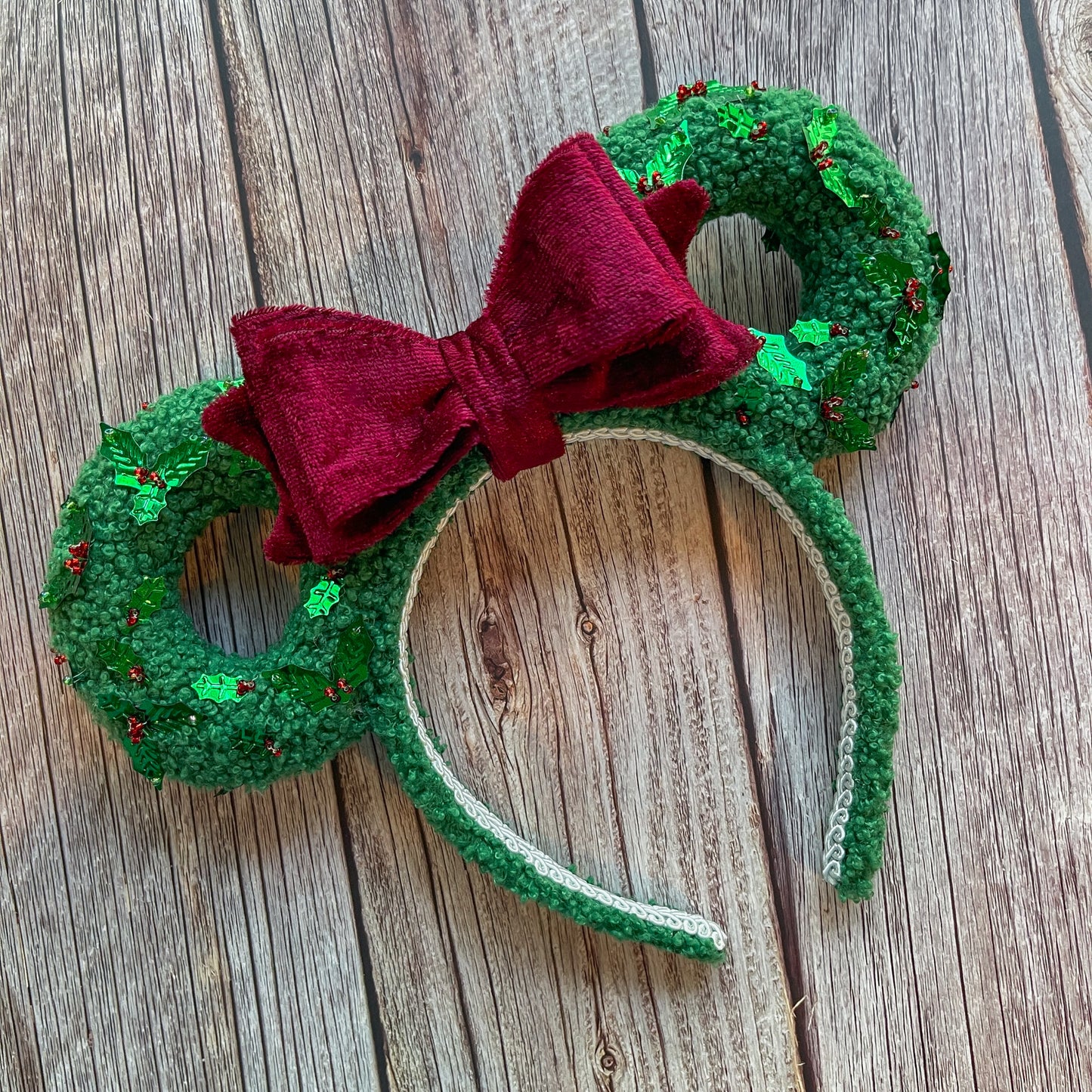 Hand Beaded Holiday Wreath Mouse Ear Headband
