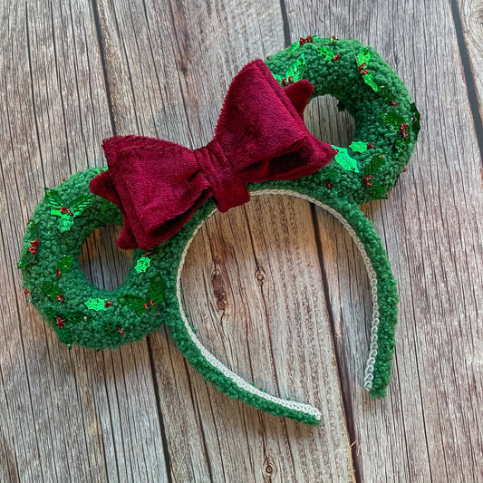 Hand Beaded Holiday Wreath Mouse Ear Headband