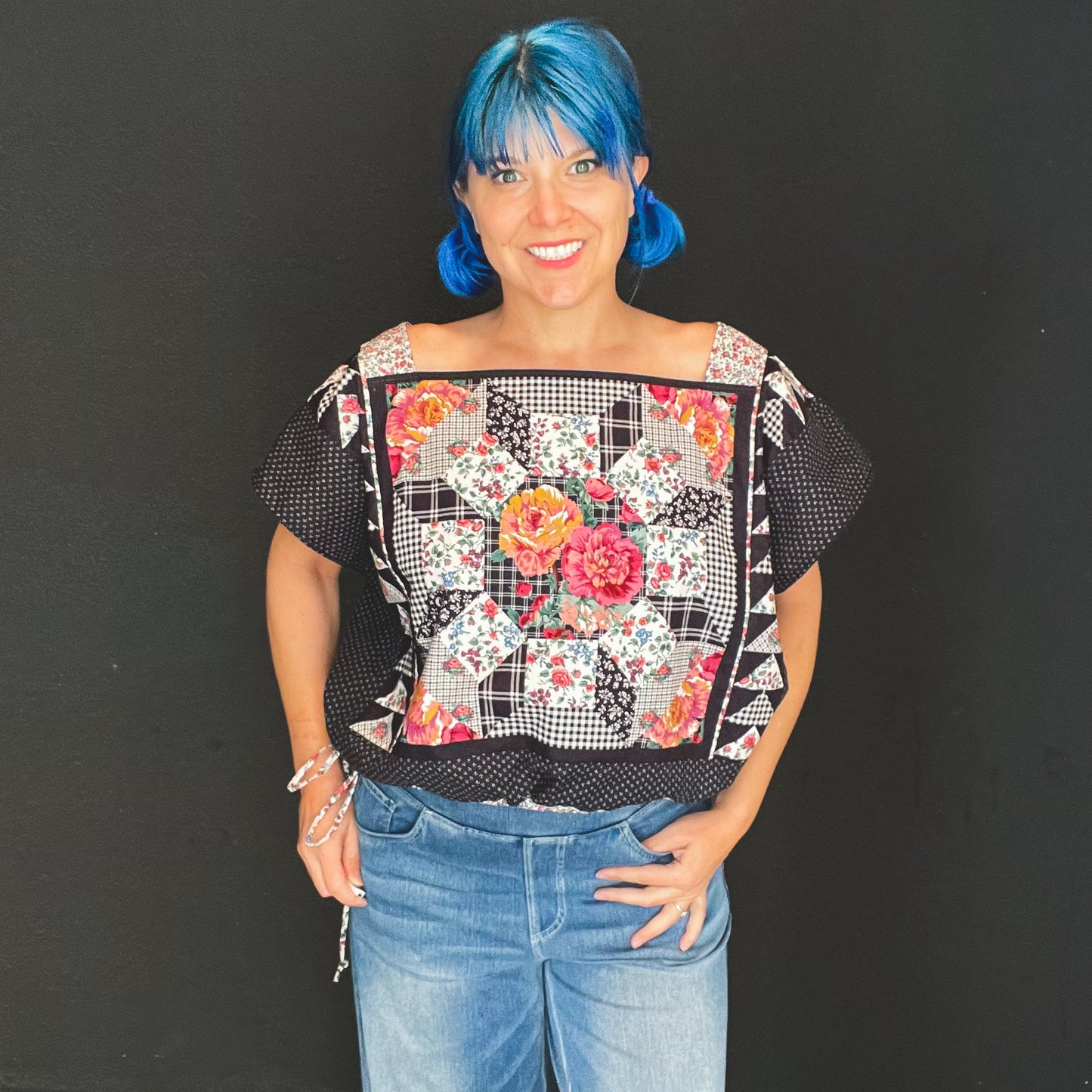 Black & Roses Quilt Boxy Crop Top - Size 2X/3X