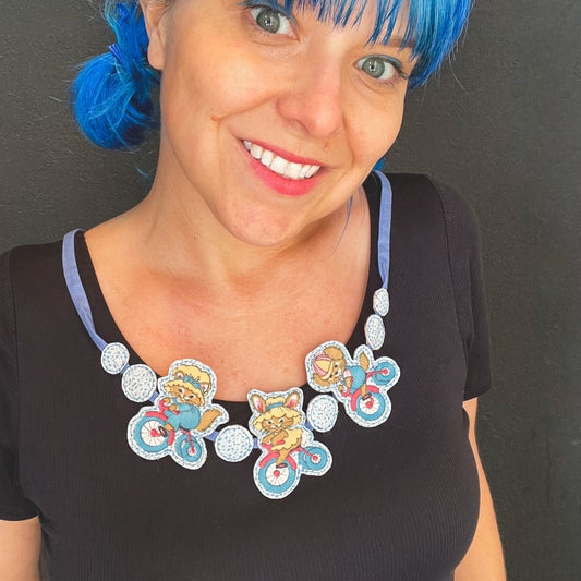 Kitty, Bunny, Puppy on a Bike Necklace