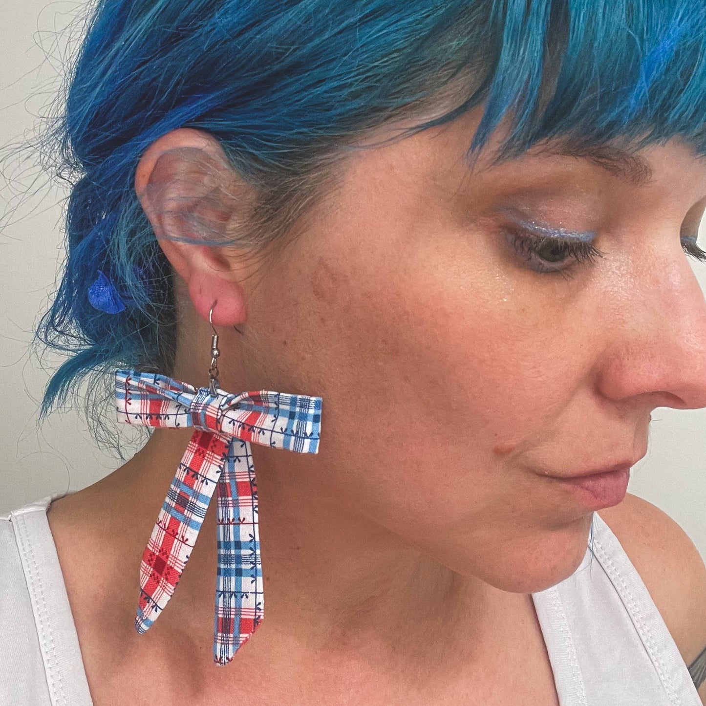 Red & Blue Plaid Vintage Fabric Bow Earrings