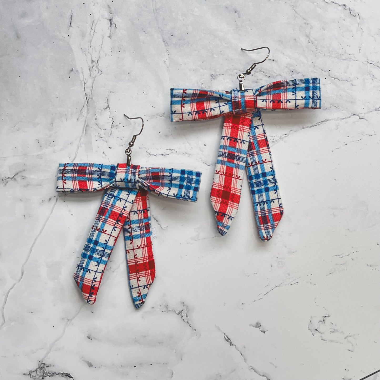 Red & Blue Plaid Vintage Fabric Bow Earrings