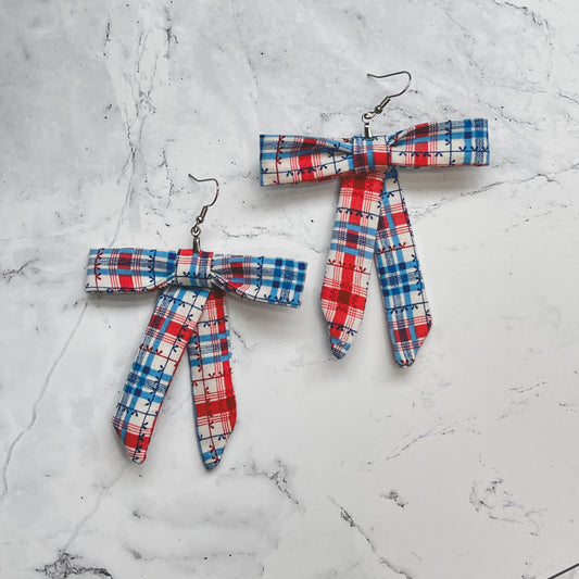 Red & Blue Plaid Vintage Fabric Bow Earrings