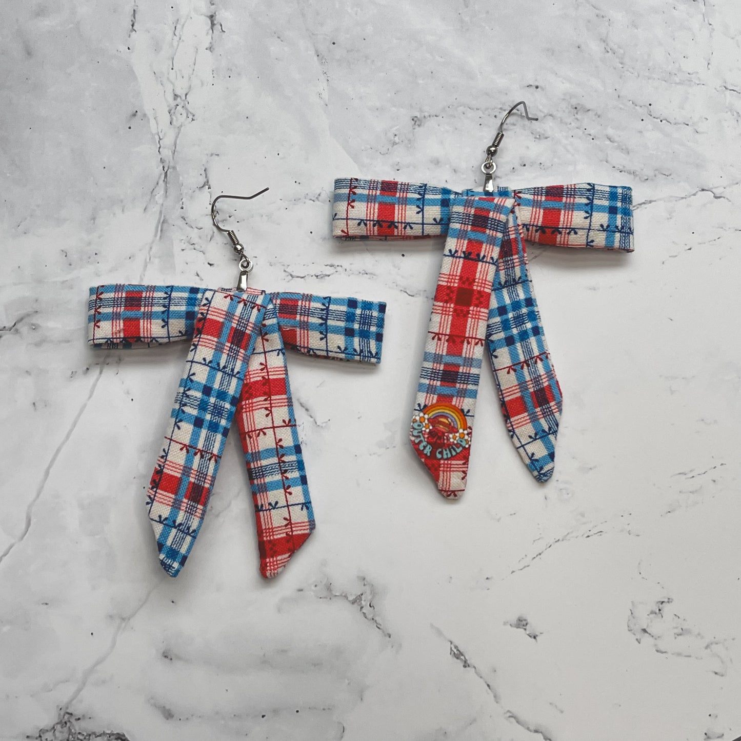 Red & Blue Plaid Vintage Fabric Bow Earrings