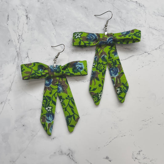 Bright Green Floral Vintage Fabric Bow Earrings