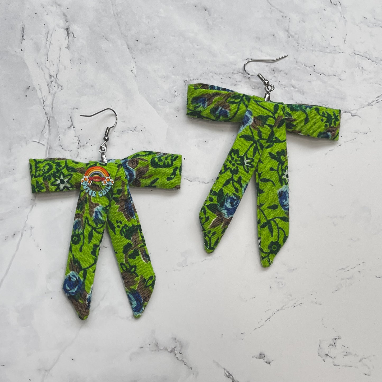 Bright Green Floral Vintage Fabric Bow Earrings