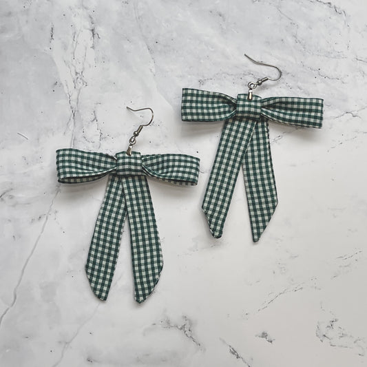Dark Green Gingham Vintage Fabric Bow Earrings
