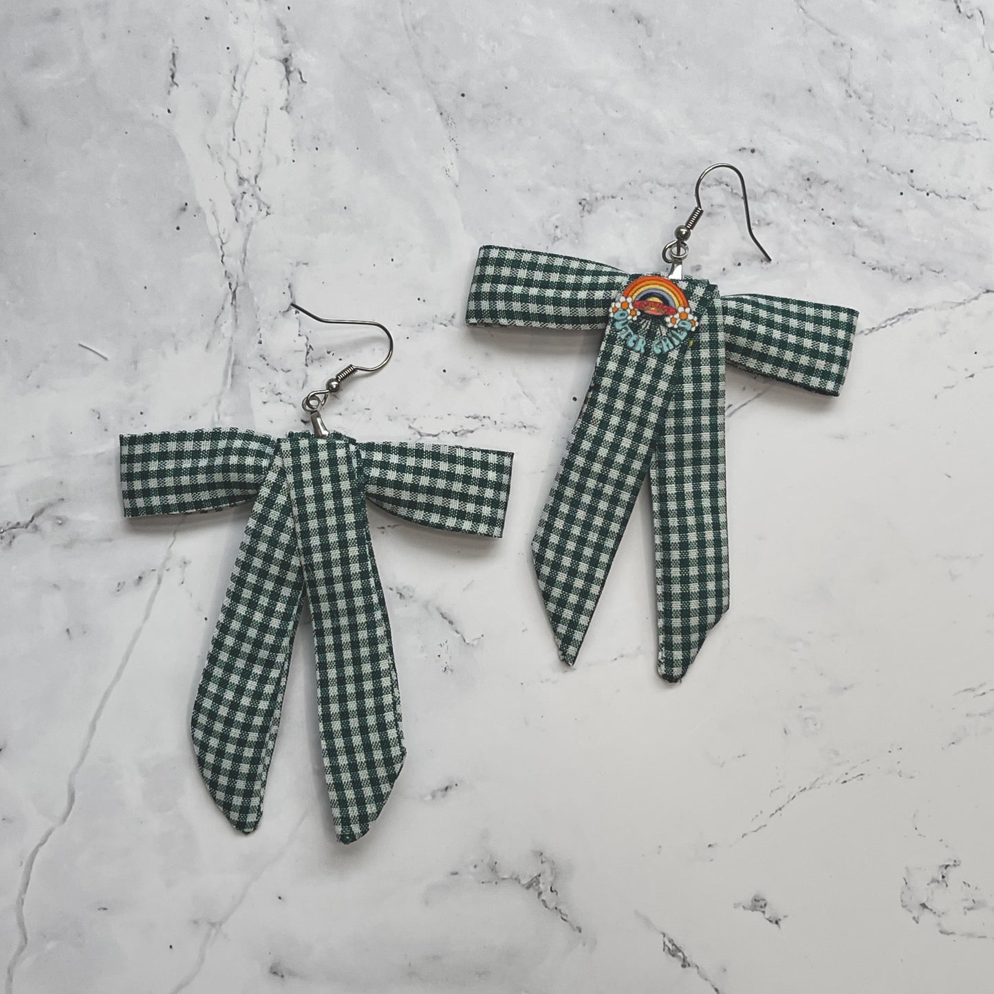 Dark Green Gingham Vintage Fabric Bow Earrings