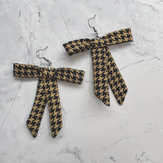 Houndstooth Vintage Fabric Bow Earrings