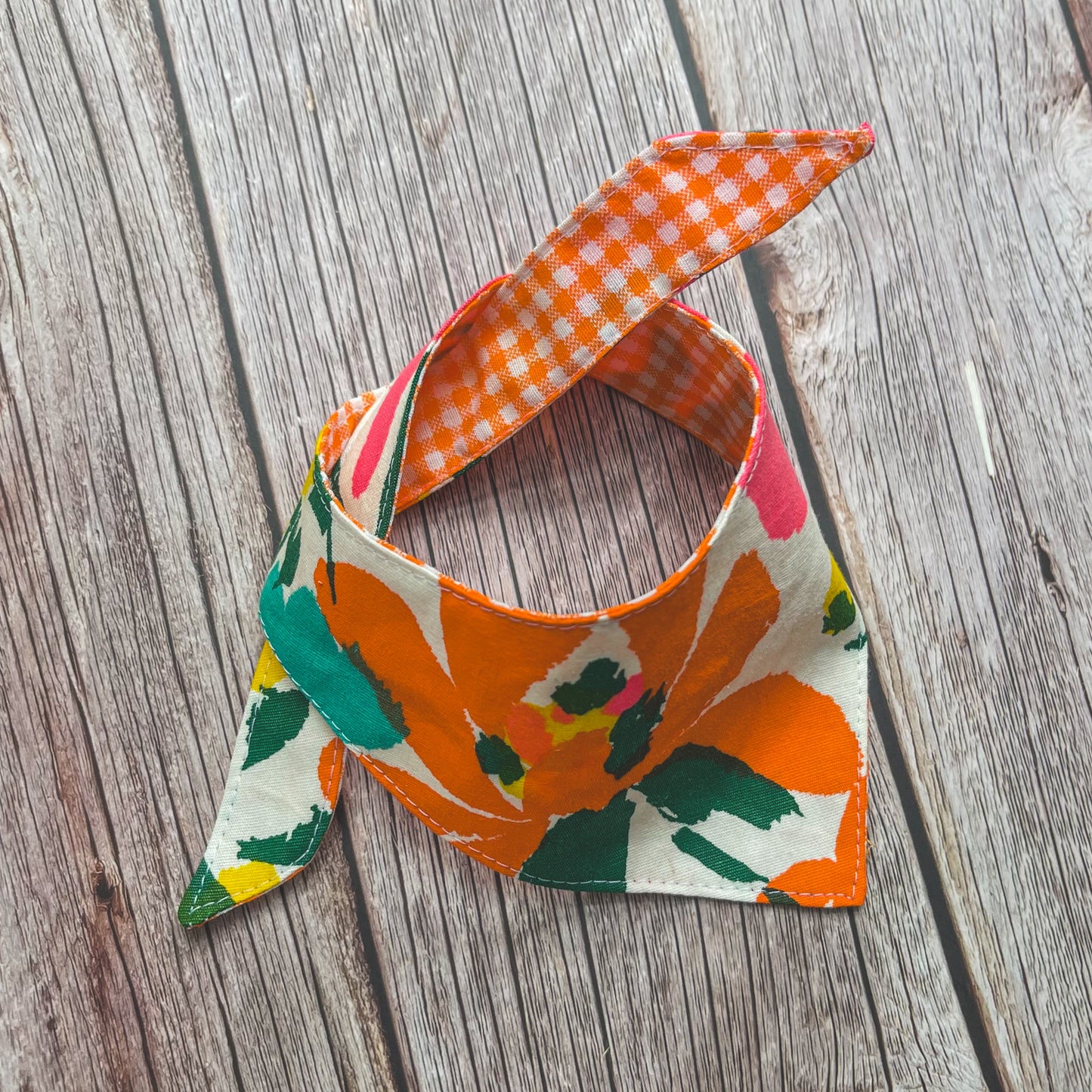 X-Small Bandana - Bright Orange Floral & Gingham
