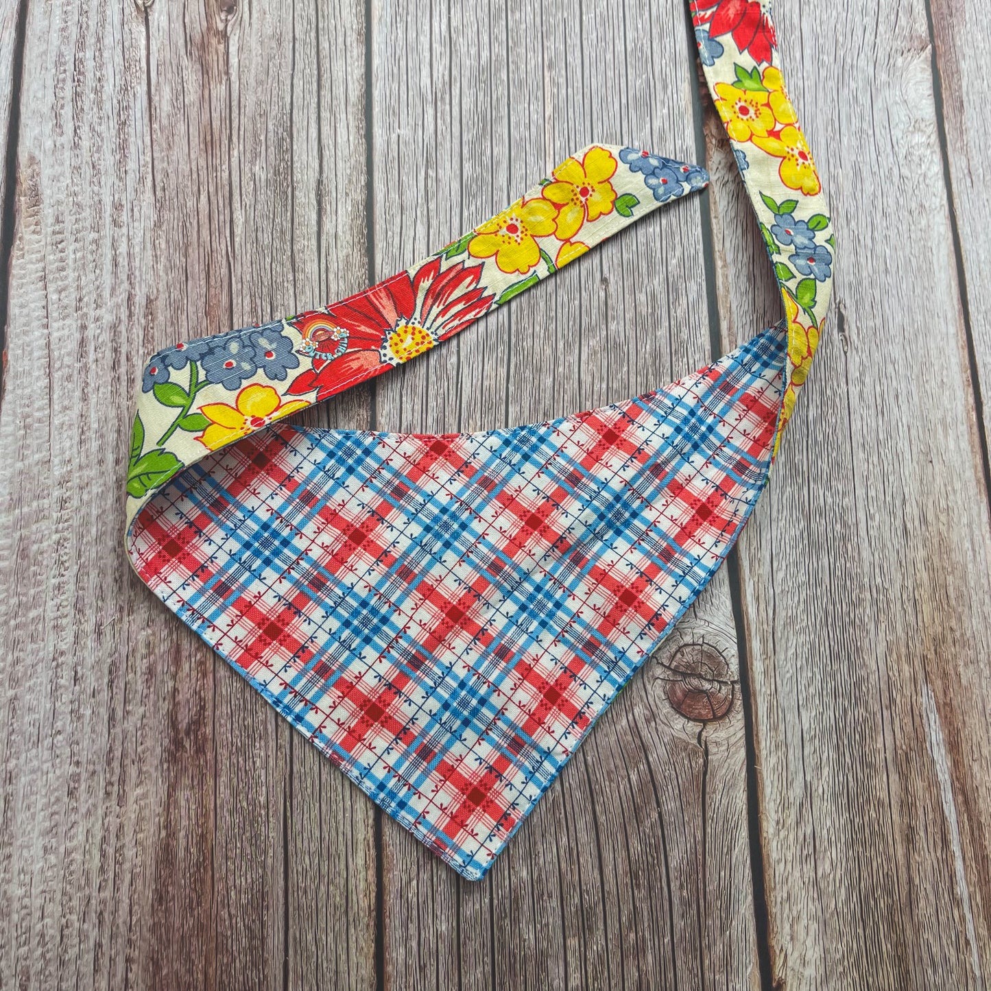 Small Bandana - Red, White & Blue Plaid & Floral