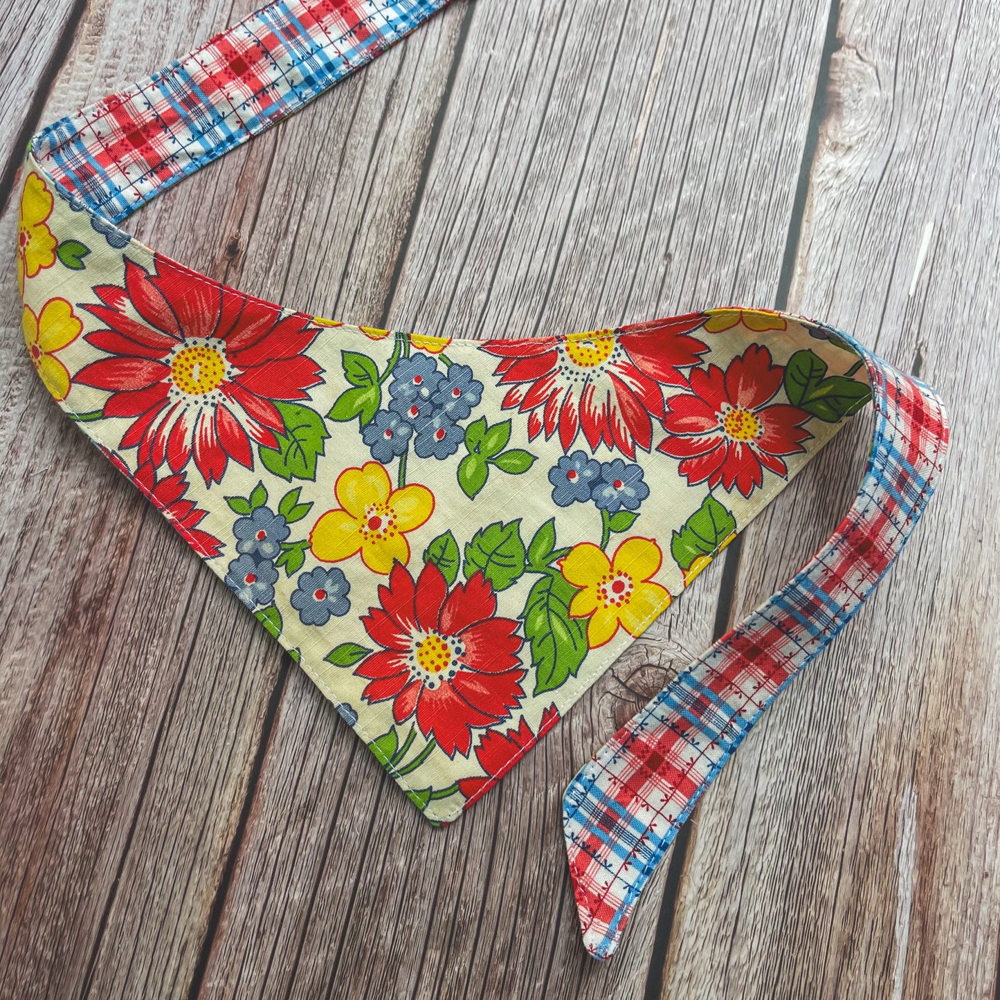 Small Bandana - Red, White & Blue Plaid & Floral