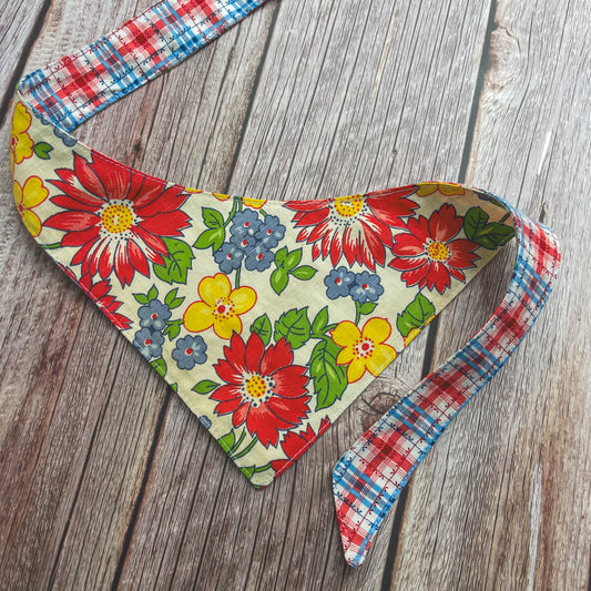 Small Bandana - Red, White & Blue Plaid & Floral