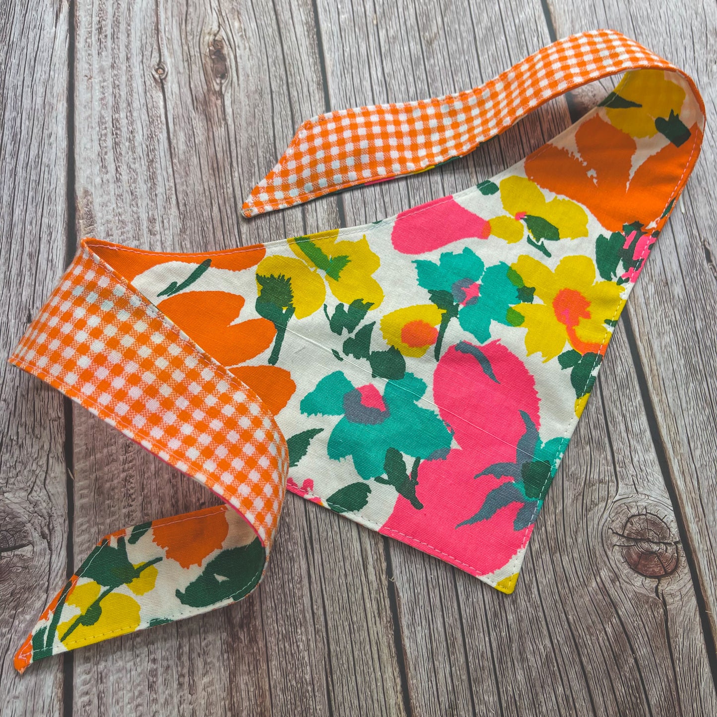 Medium Bandana - Bright Orange Gingham & Floral