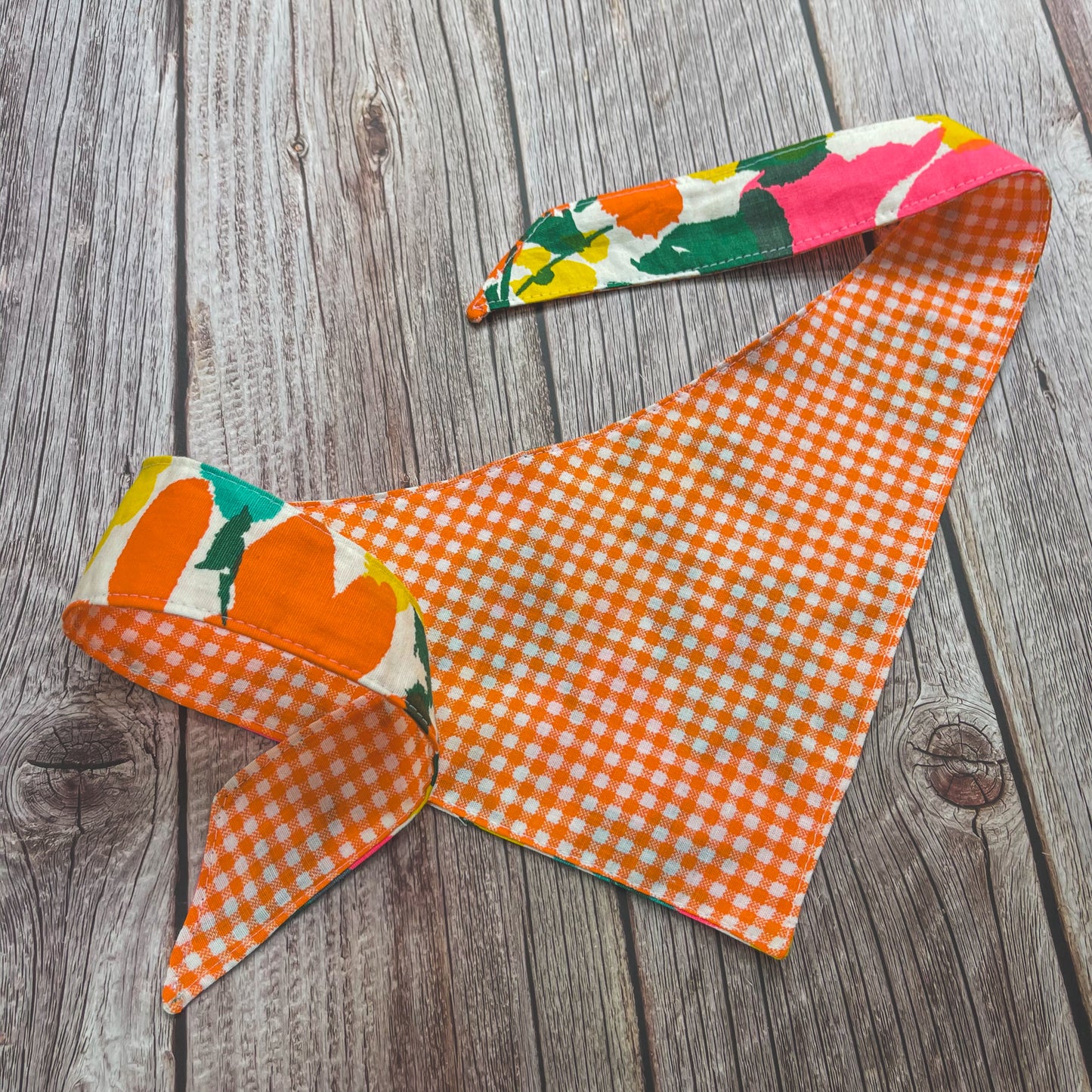 Medium Bandana - Bright Orange Gingham & Floral