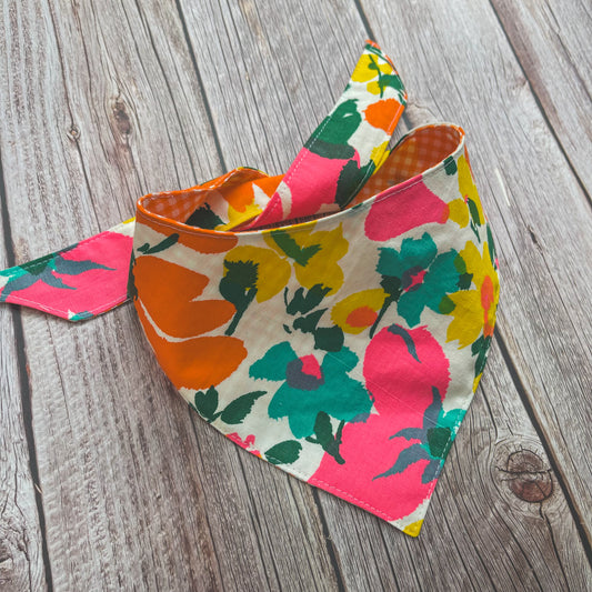Medium Bandana - Bright Orange Gingham & Floral
