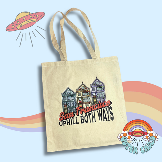 San Francisco Uphill Both Ways Cotton Tote Bag in Natural