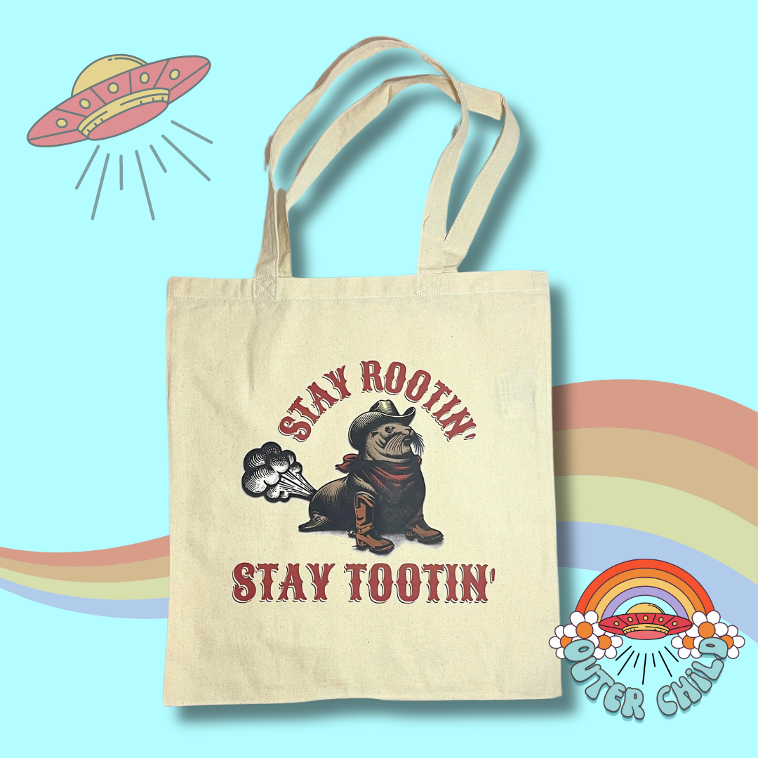 Stay Rootin' Stay Tootin' Sea Lion Cotton Tote Bag in Natural