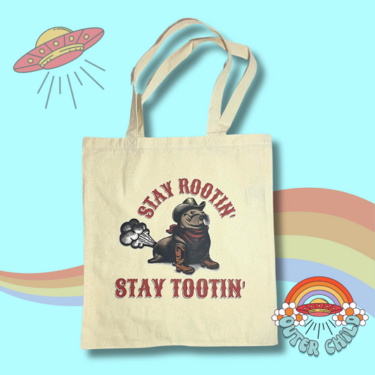 Stay Rootin' Stay Tootin' Sea Lion Cotton Tote Bag in Natural